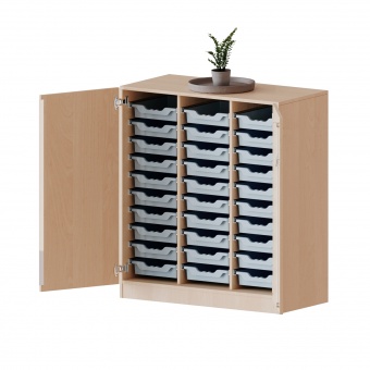 ErgoTray Schrank, 3reihig, 3 OH, zweitürig, fahrbar, mit 30 flachen Boxen, B/H/T 104,5x118x50cm 